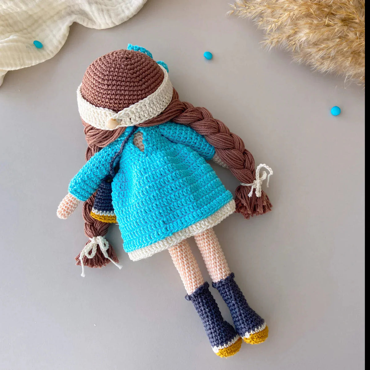 Handmade Crochet Doll with Fancy Blue Dress – Long-Haired Girl with Braids