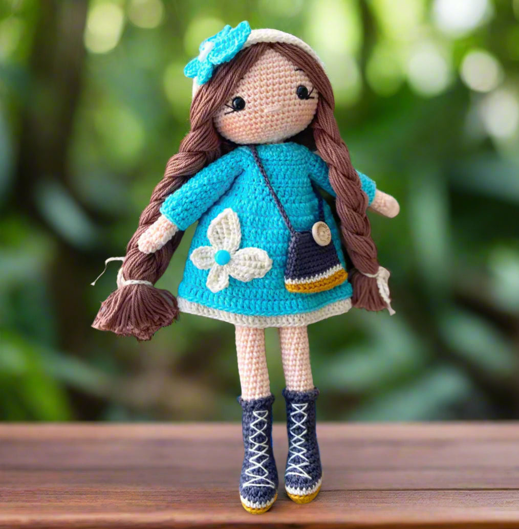 Handmade Crochet Doll with Fancy Blue Dress – Long-Haired Girl with Braids