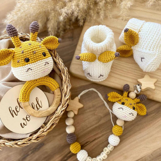 Handmade Crochet Giraffe Toy Gift Set (3pc) - Personalised Dummy Clip