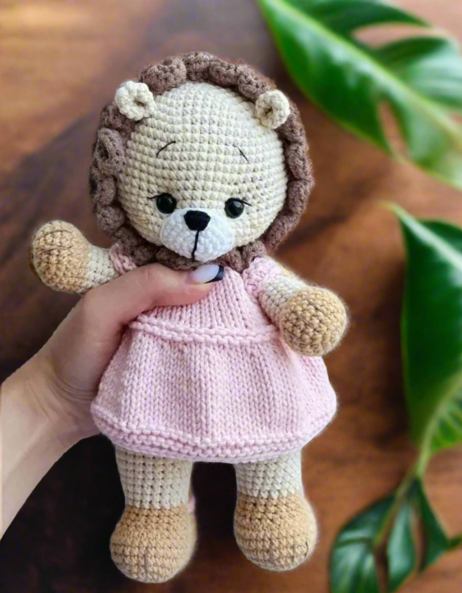 Handmade Crochet Lion Girl With Fancy Pink Dress