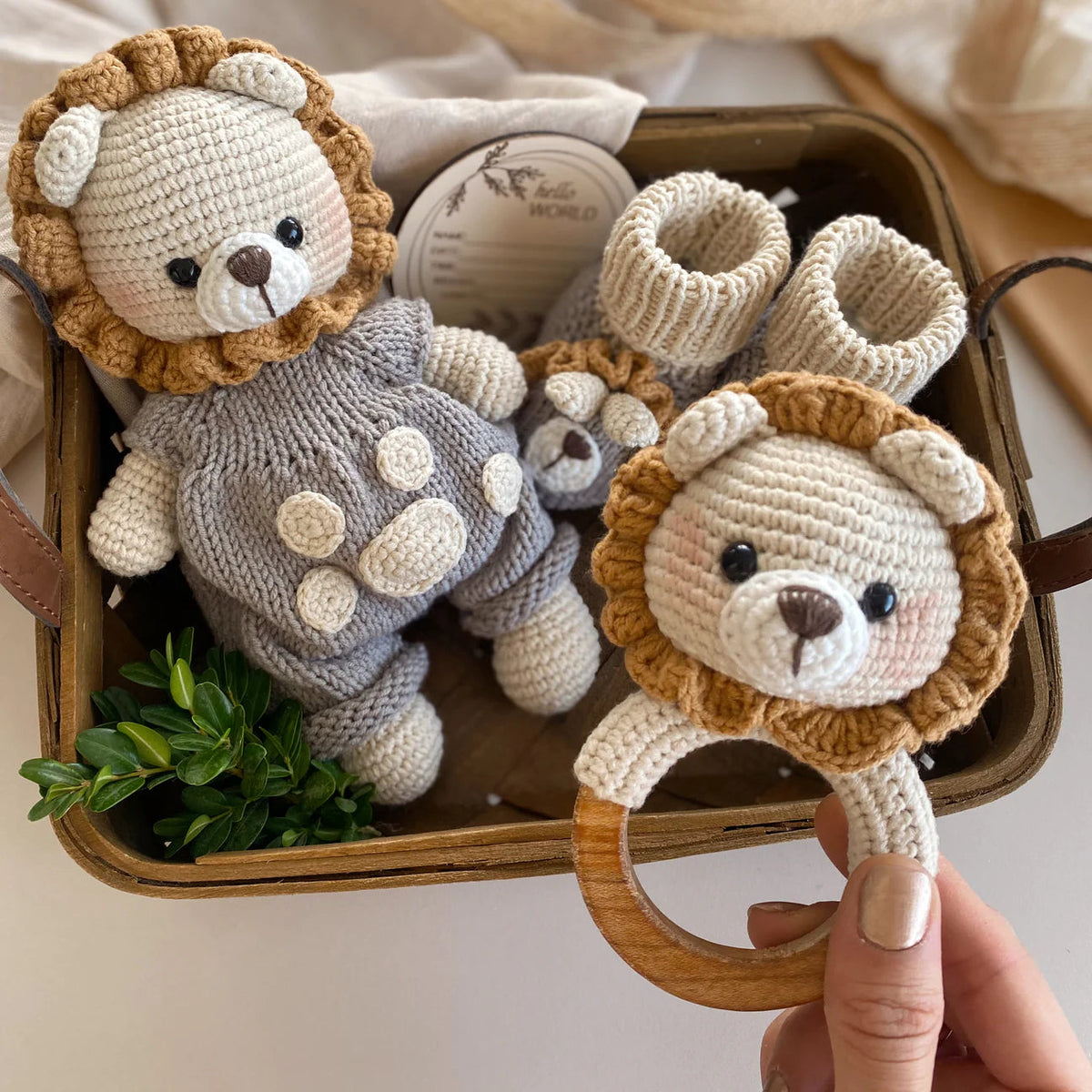 Handmade Crochet Lion Toy Gift Set Grey (3pc)