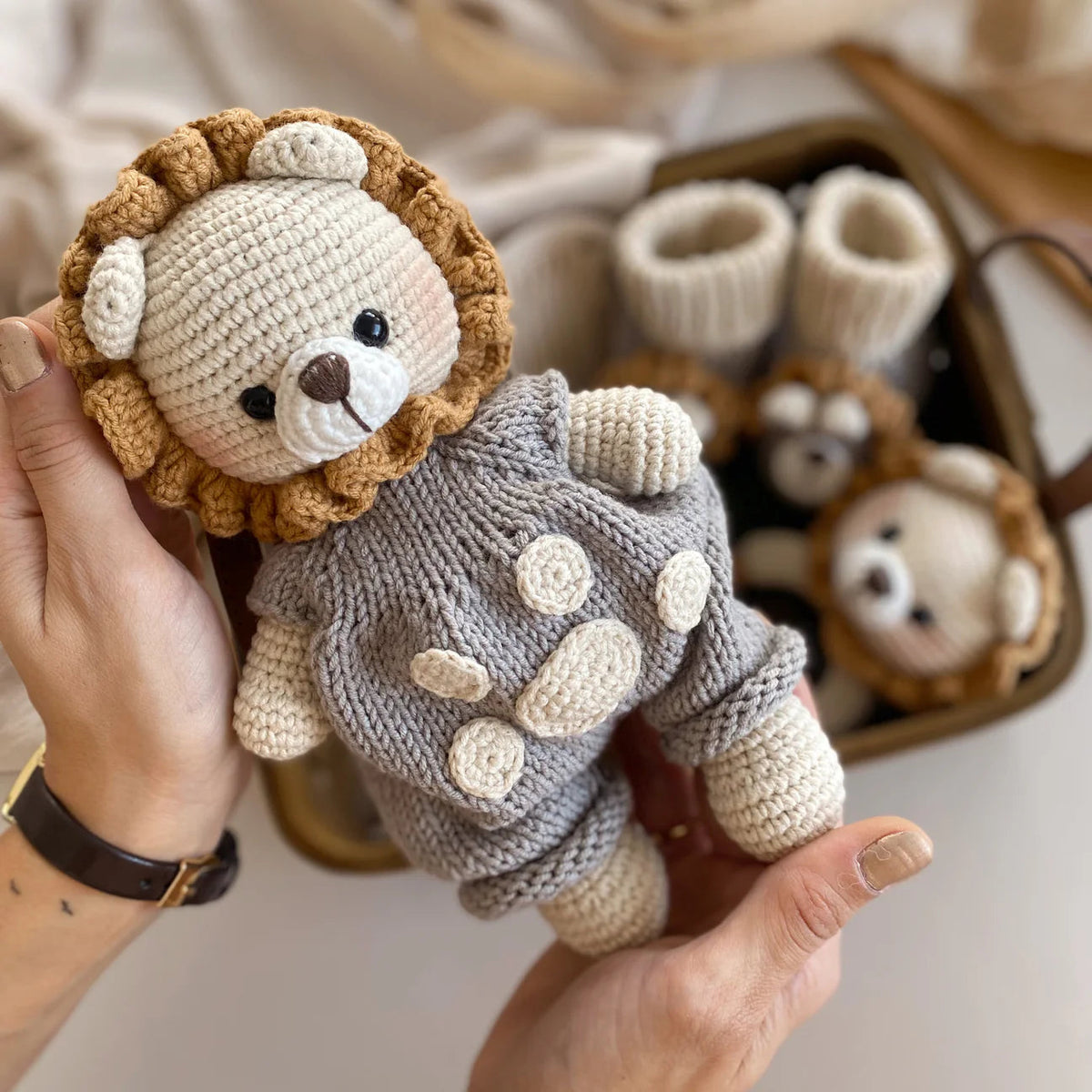 Handmade Crochet Lion Toy Gift Set Grey (3pc)