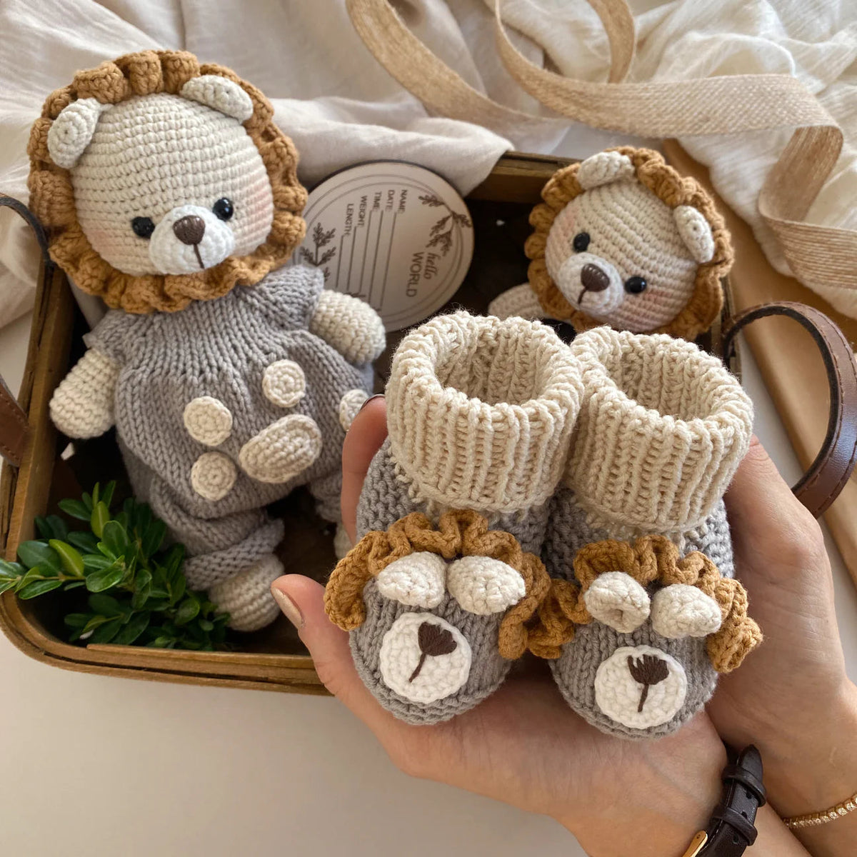 Handmade Crochet Lion Toy Gift Set Grey (3pc)