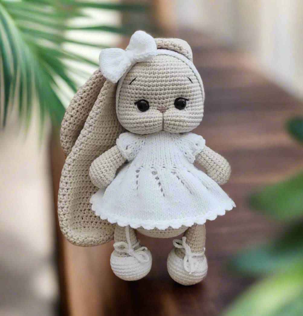 Handmade Crochet Long ear Cute Bunny in Fancy White Dress