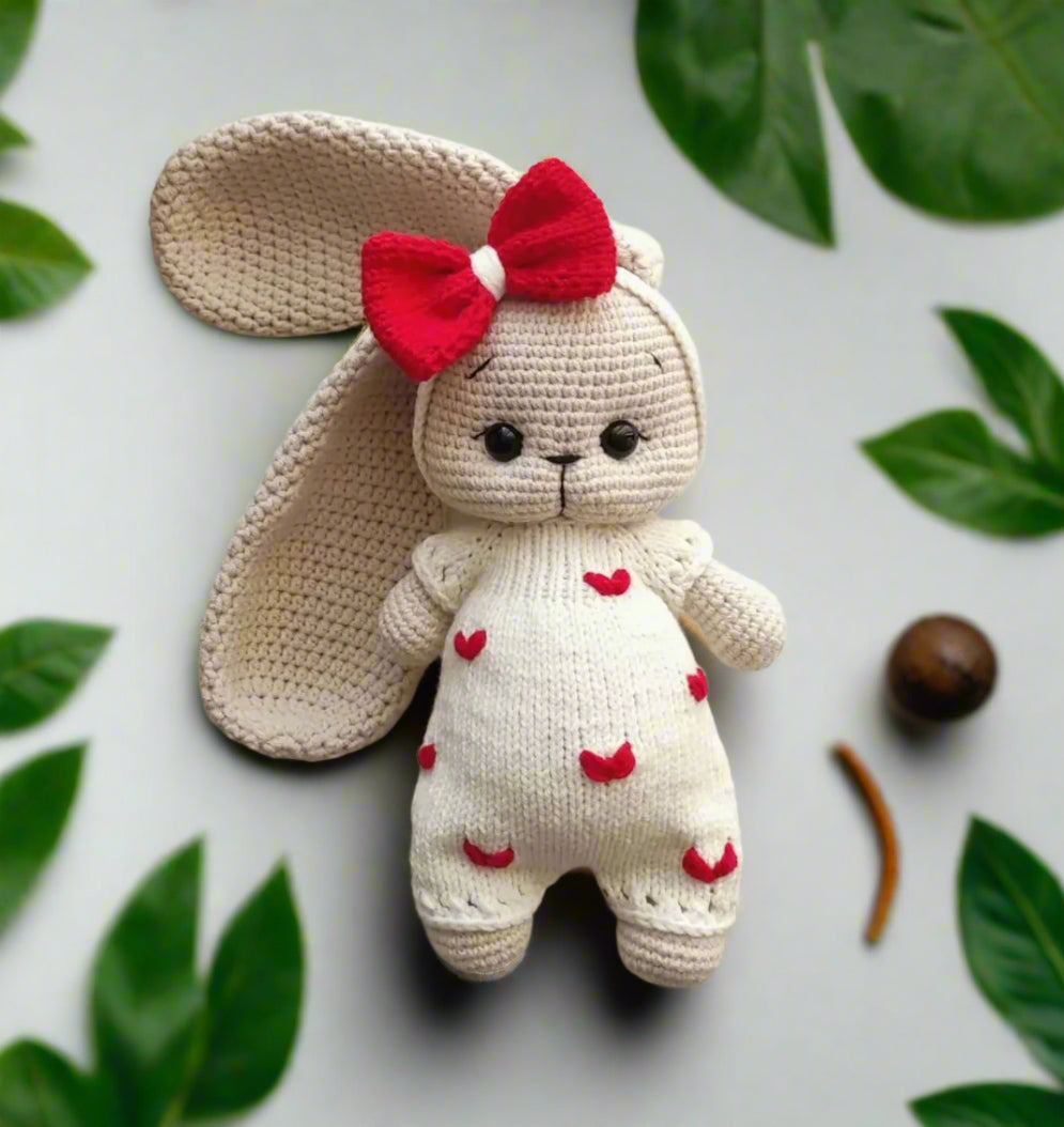 Handmade Crochet Long ear Cute Bunny in White Jumper with hearts