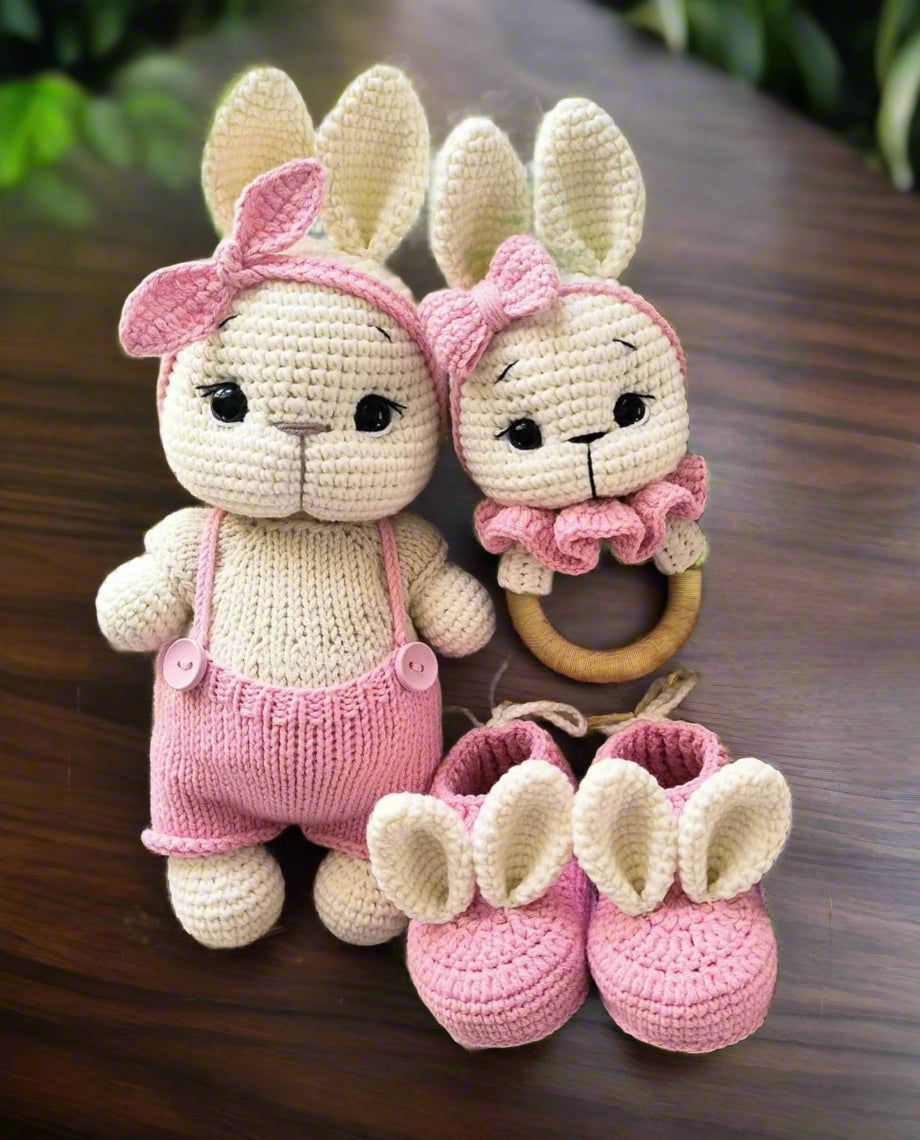 Handmade Crochet Pink Bunny Toy Gift Set (3pc)