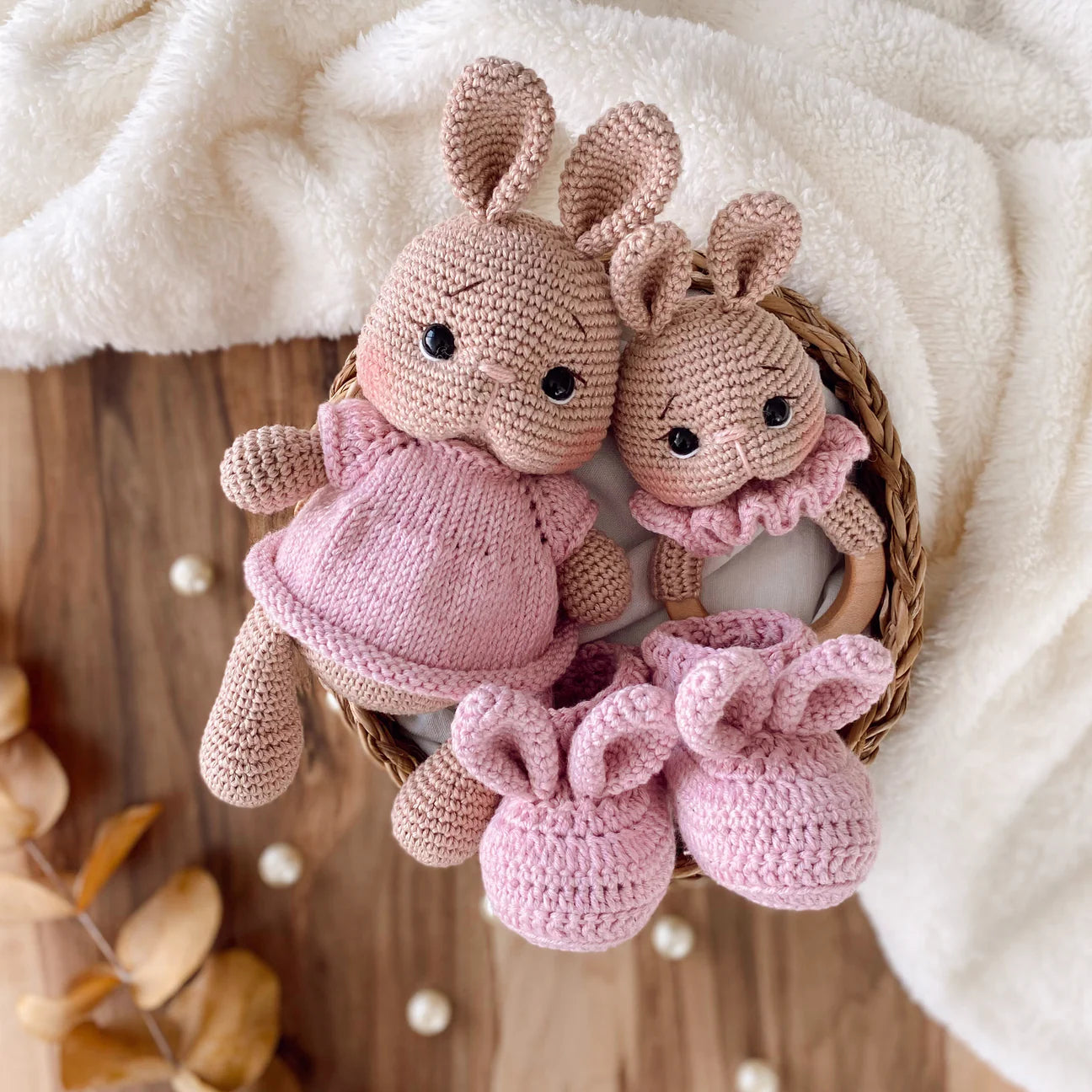 Handmade Crochet Pink Dress Bunny Toy Gift Set (3pc)