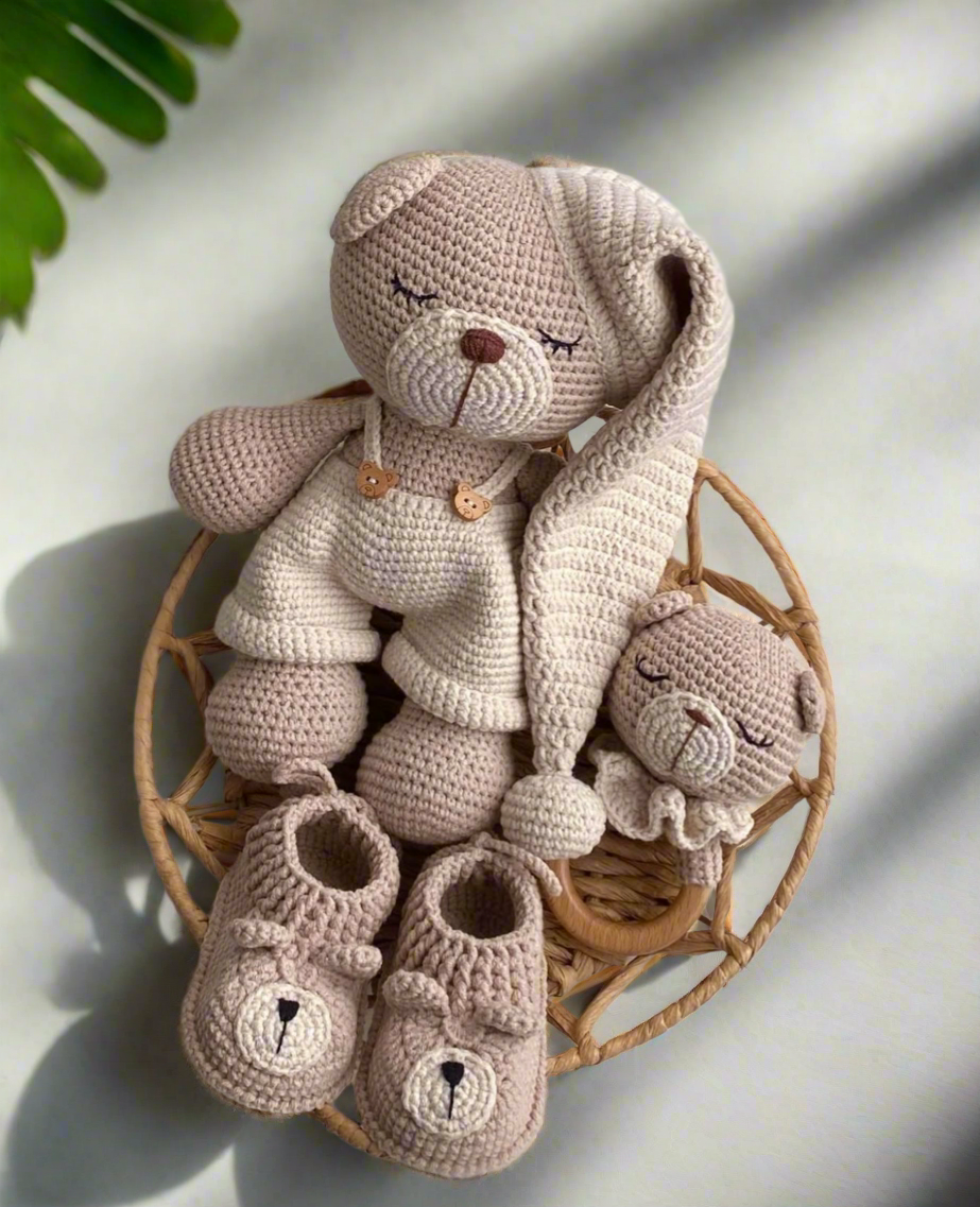 Handmade Crochet Sleeping Teddy Bear Toy Gift Set (3pc)