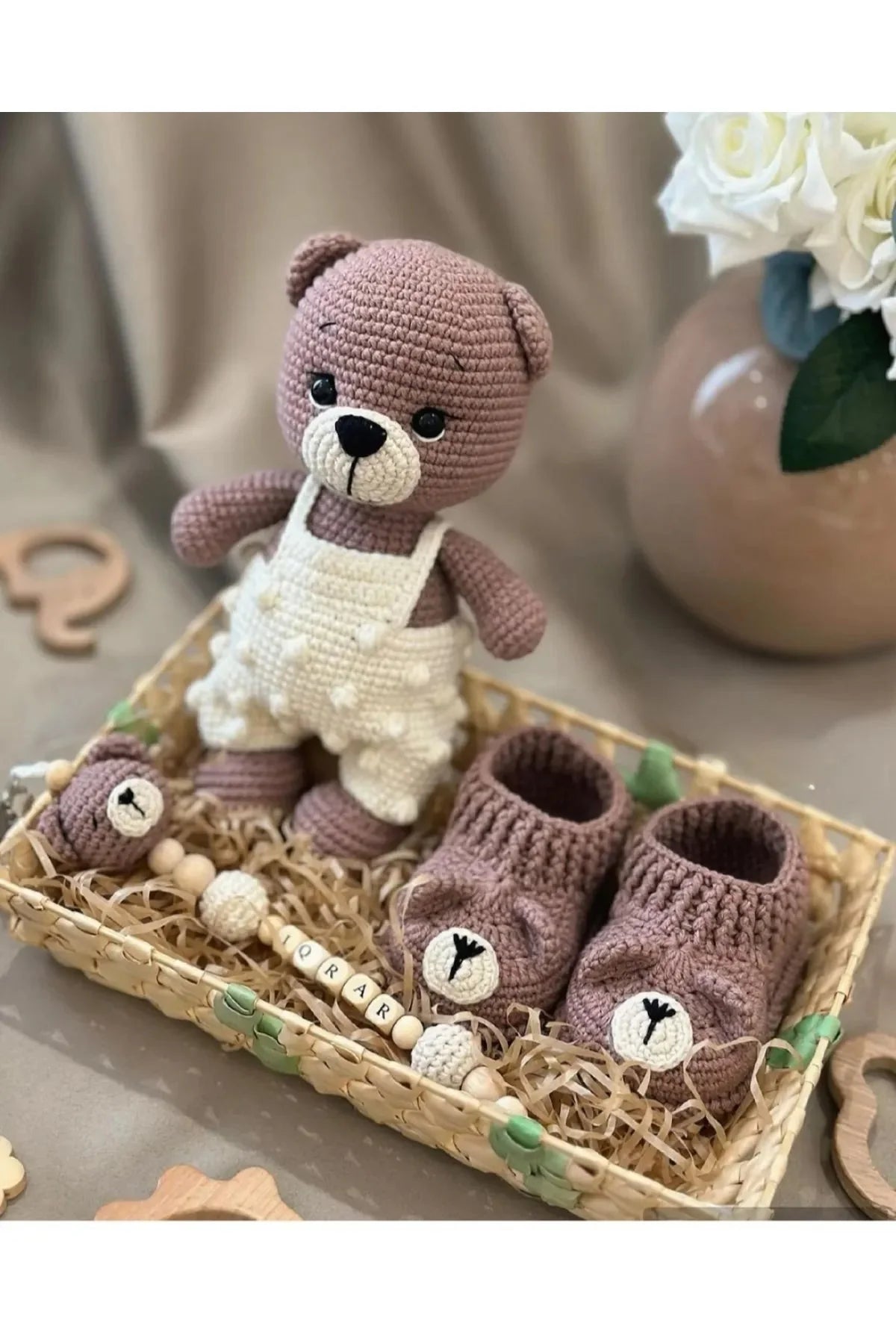 Handmade Crochet Teddy Bear Toy Gift Set (3pc) - Personalised Dummy Clip