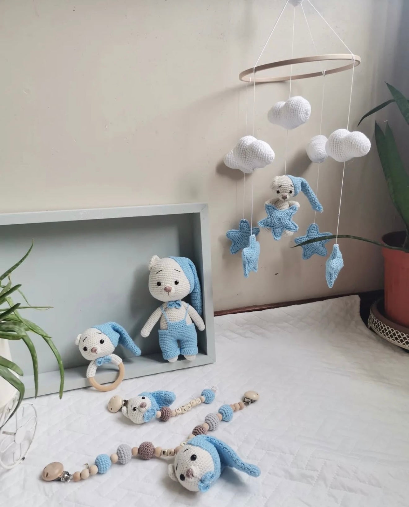Handmade Crochet Teddy Bear Toy Gift Set (5pc) - Personalised Dummy Clip, Pram Toy Clip, Nursery Mobile, Rattle Toy
