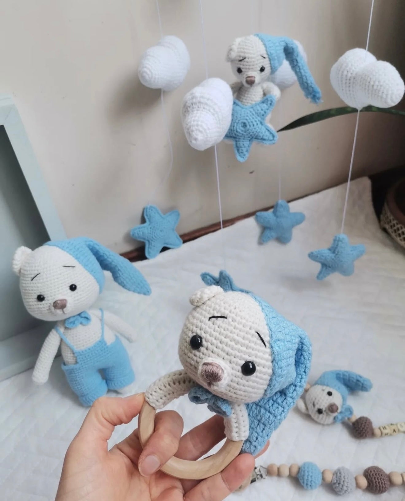 Handmade Crochet Teddy Bear Toy Gift Set (5pc) - Personalised Dummy Clip, Pram Toy Clip, Nursery Mobile, Rattle Toy