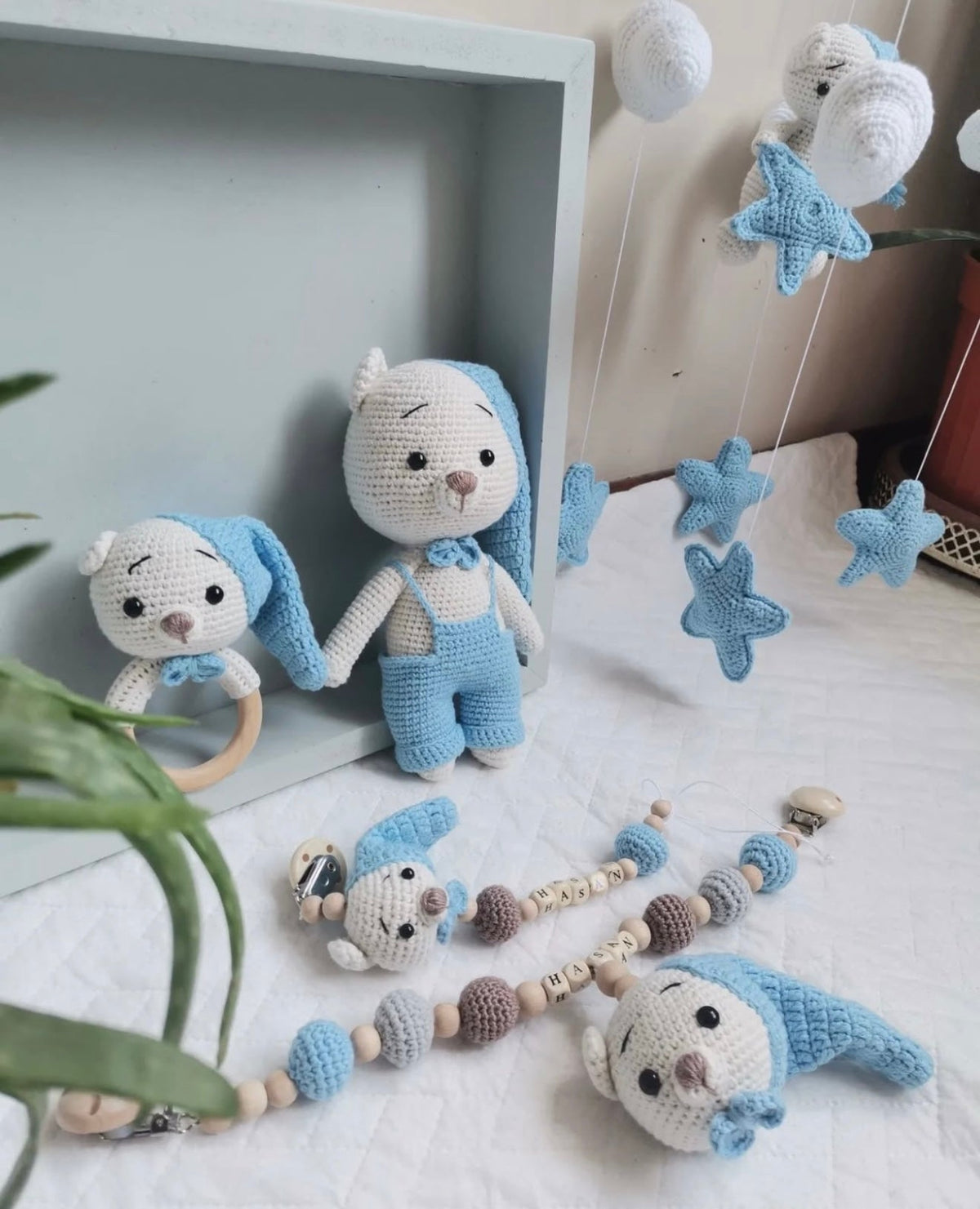 Handmade Crochet Teddy Bear Toy Gift Set (5pc) - Personalised Dummy Clip, Pram Toy Clip, Nursery Mobile, Rattle Toy