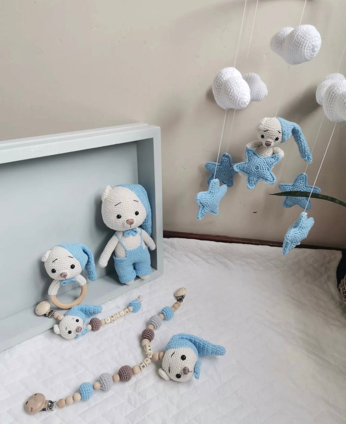 Handmade Crochet Teddy Bear Toy Gift Set (5pc) - Personalised Dummy Clip, Pram Toy Clip, Nursery Mobile, Rattle Toy
