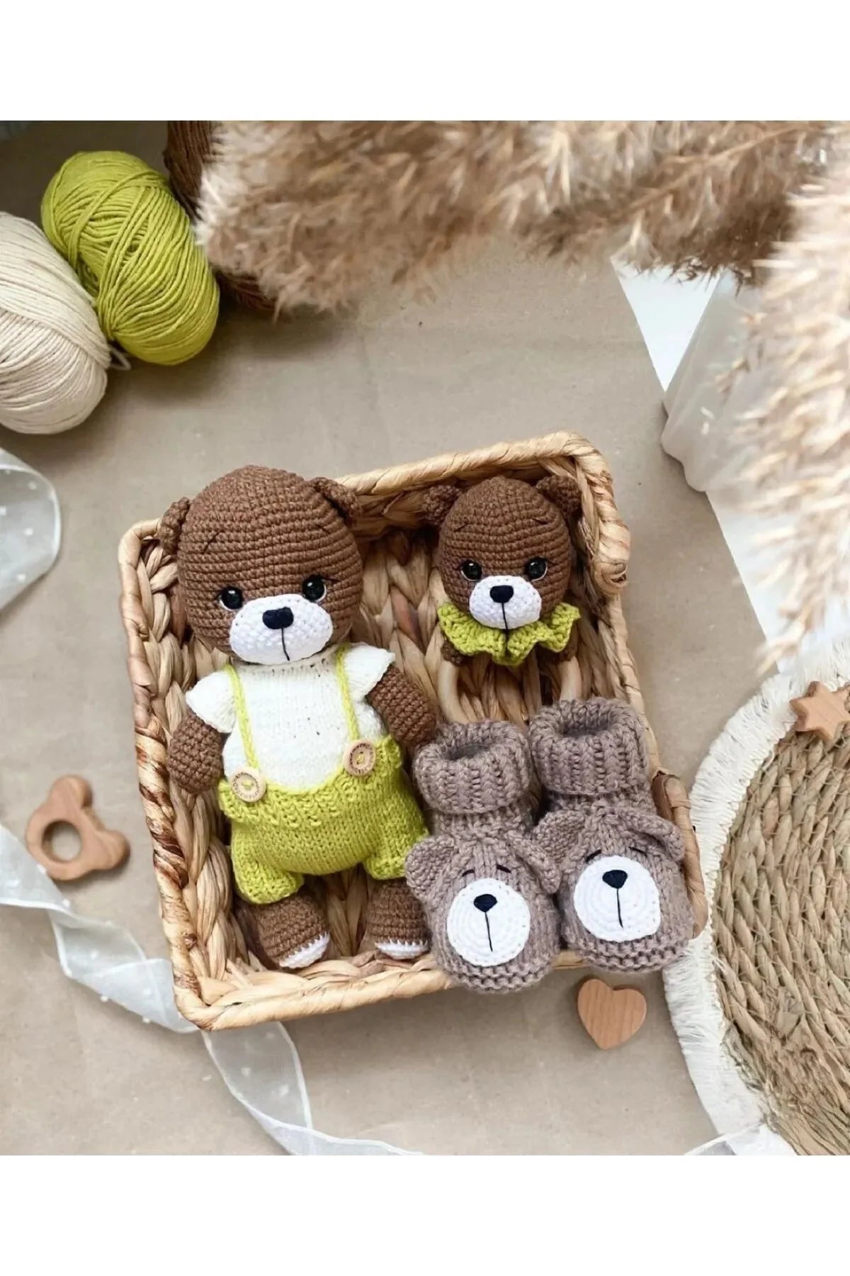 Handmade Crochet Teddy Bear in Green Jumpsuit Toy Gift Set (3pc)