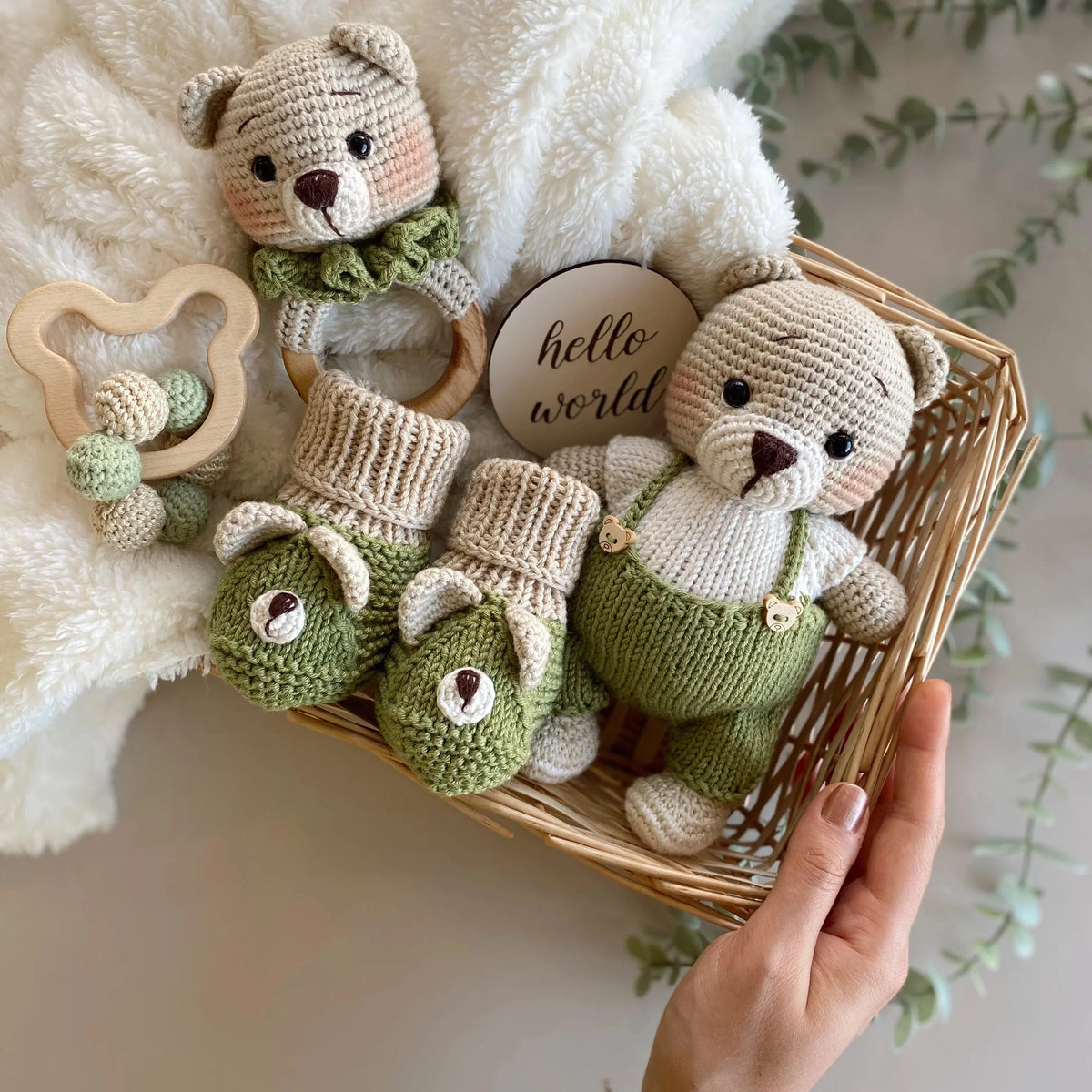 Handmade Crochet Teddy Bear in Green Jumpsuit Toy Gift Set (4pc)