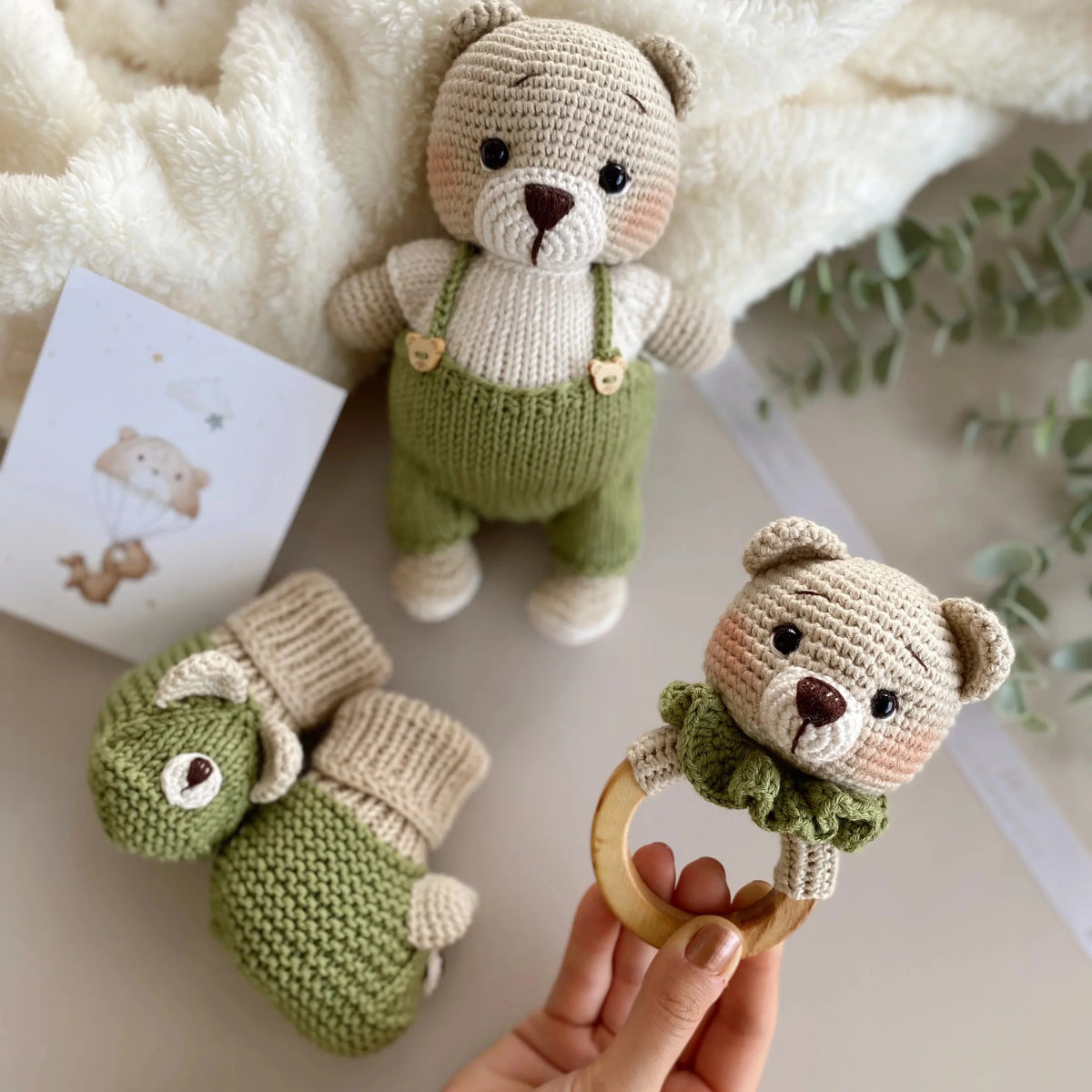 Handmade Crochet Teddy Bear in Green Jumpsuit Toy Gift Set (4pc)