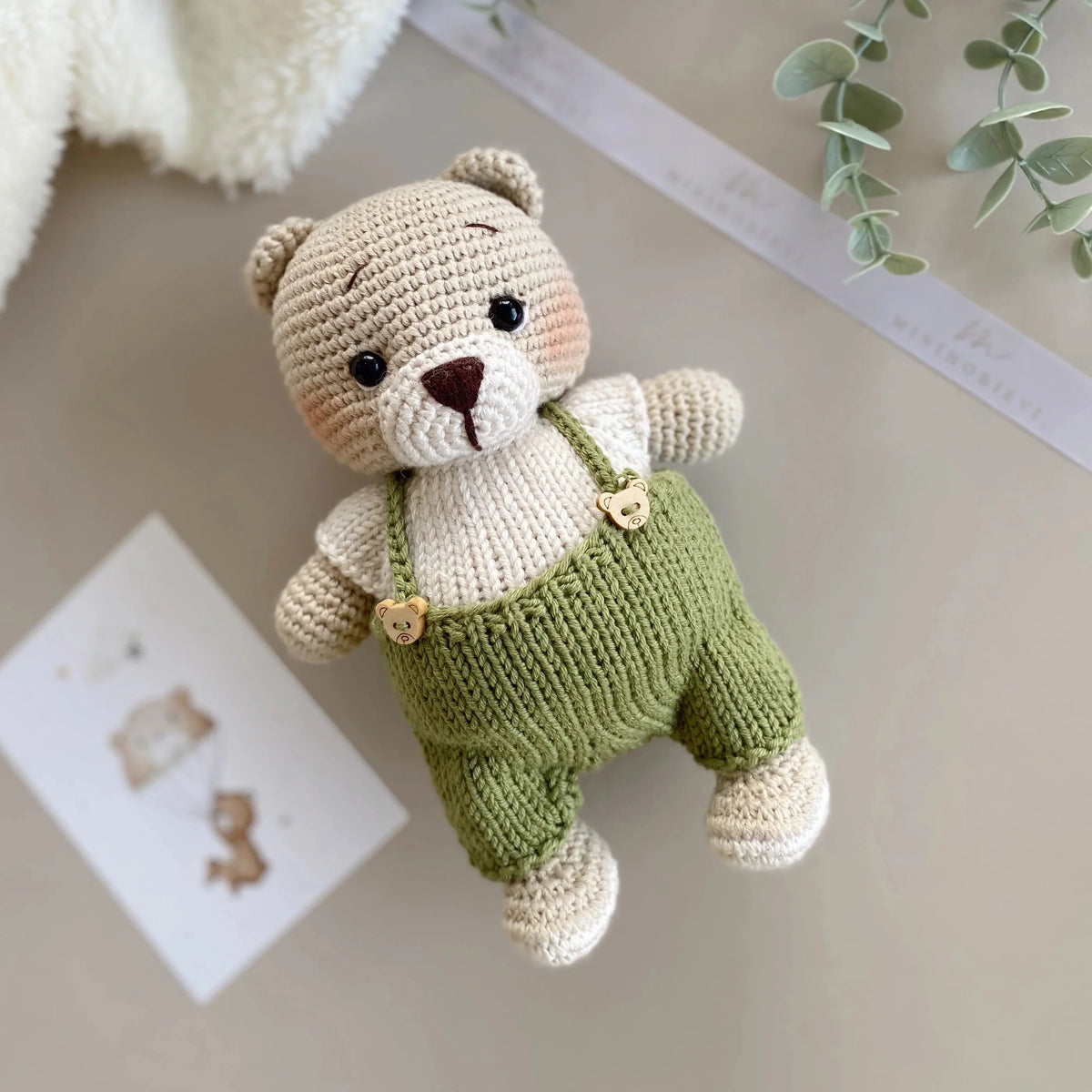 Handmade Crochet Teddy Bear in Green Jumpsuit Toy Gift Set (4pc)
