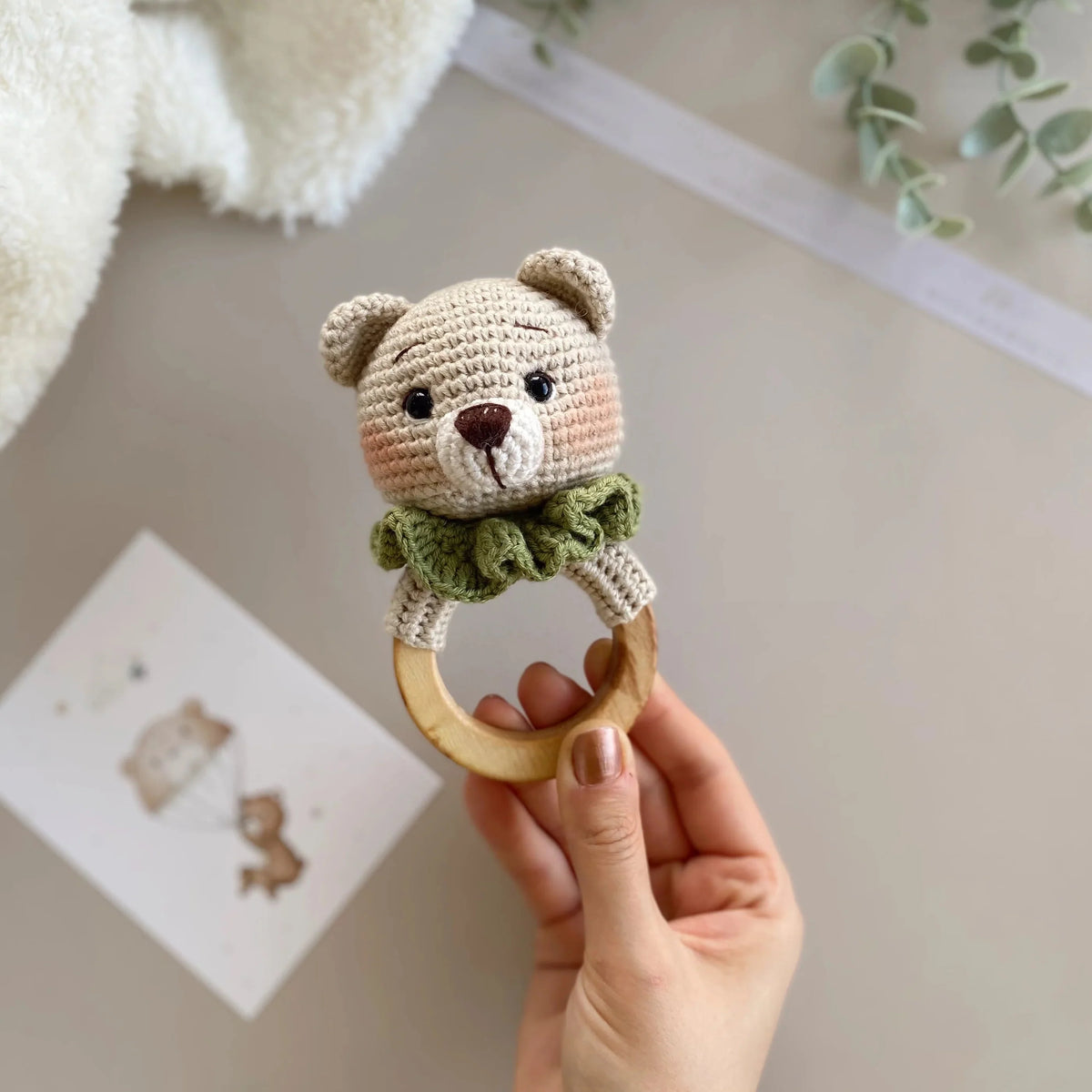 Handmade Crochet Teddy Bear in Green Jumpsuit Toy Gift Set (4pc)