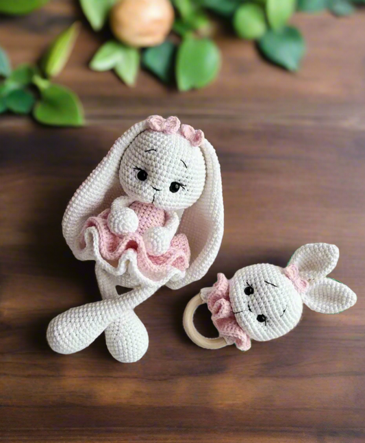 Handmade Crochet Toy Set Long Ear Bunny 2pc