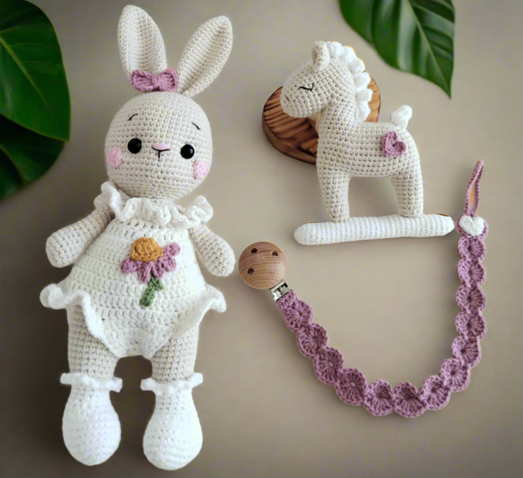 Handmade Crochet White Bunny Toy Gift Set (3pc)
