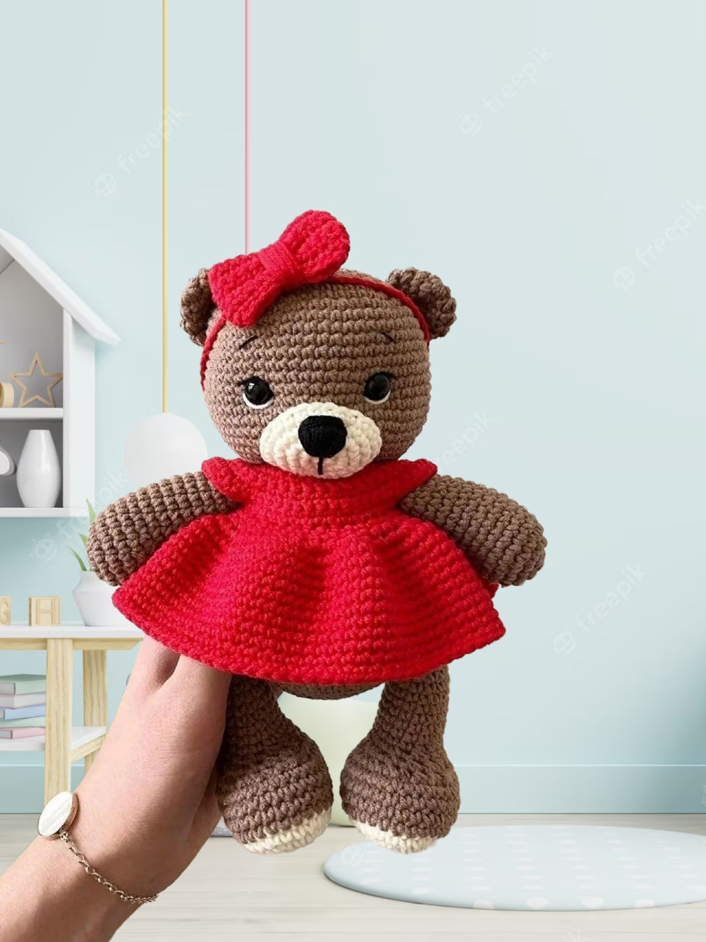 Crochet Teddy Bear in Red Dress Toy