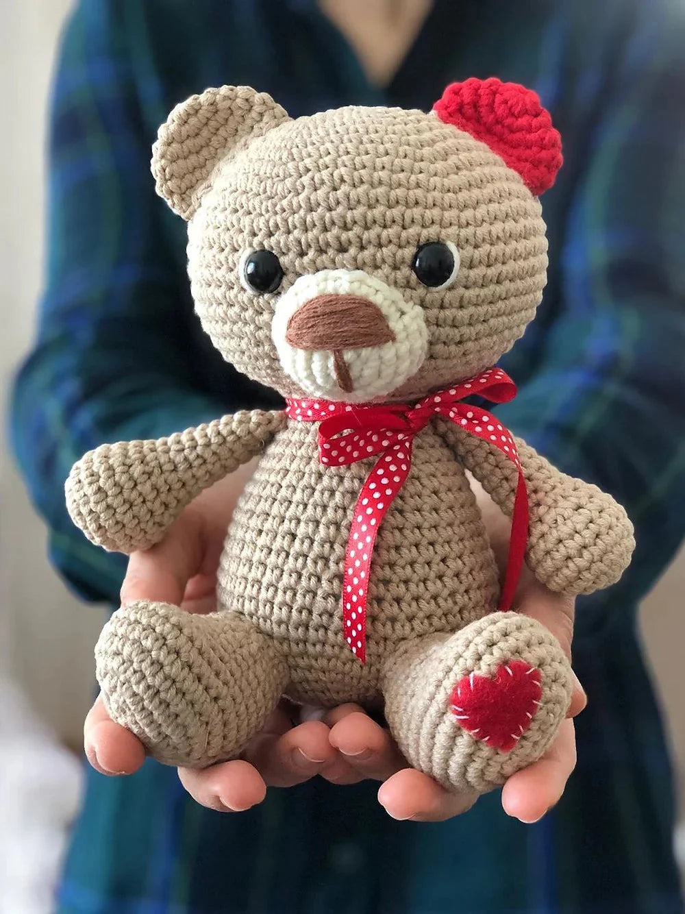 Valentine’s Style Crochet Teddy Bear – Heart Feet & Red Bow