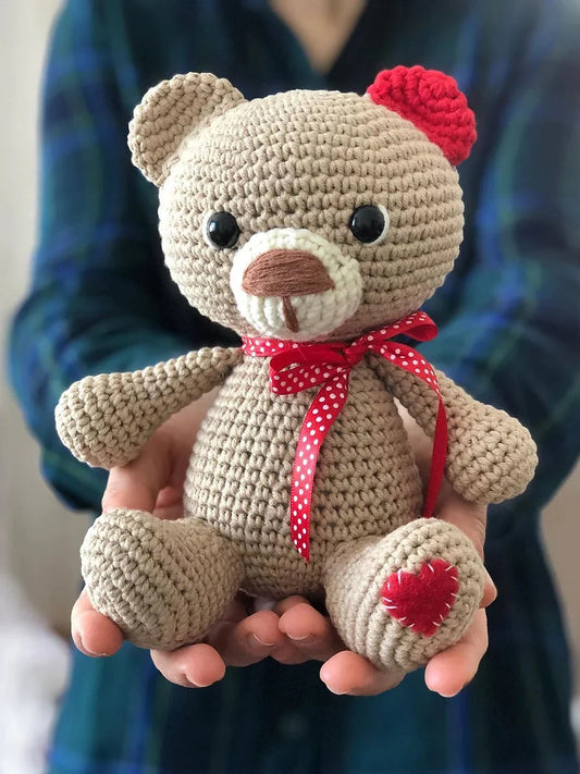 Valentine’s Style Crochet Teddy Bear – Heart Feet & Red Bow
