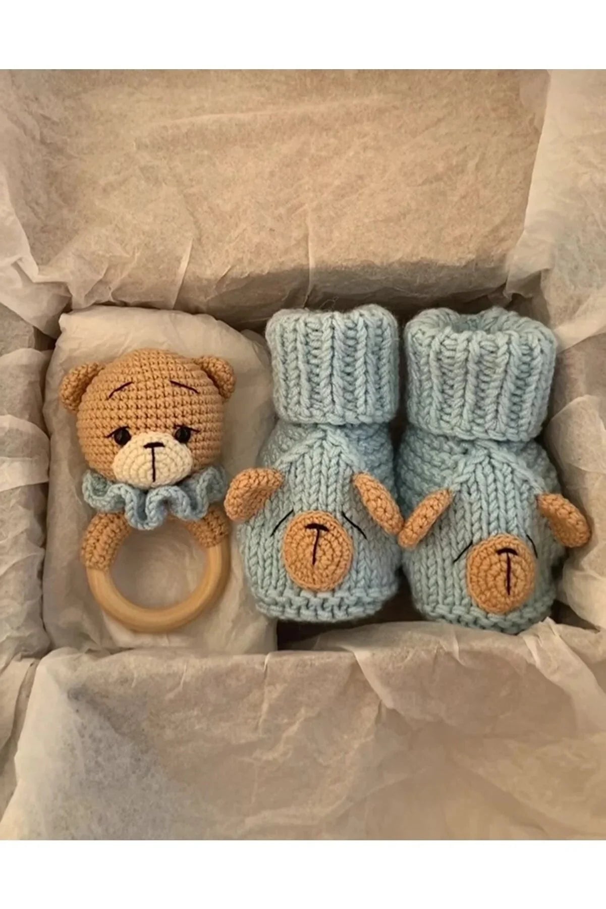 Crochet Bear Rattle Toy and Baby Booties Set