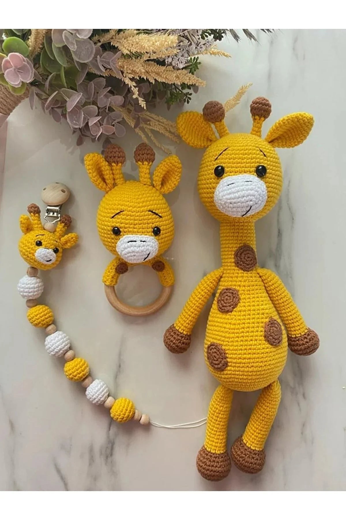 Crochet Yellow Giraffe Toy Gift Set 3pc
